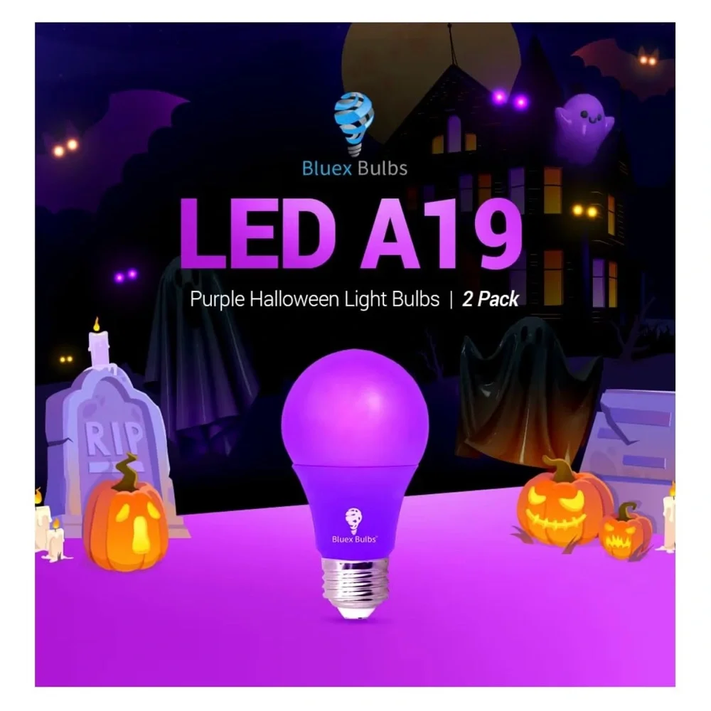 2 Pack of Purple LED Bulex Light Bulbs Perfect for Halloween or Party Lighting.
